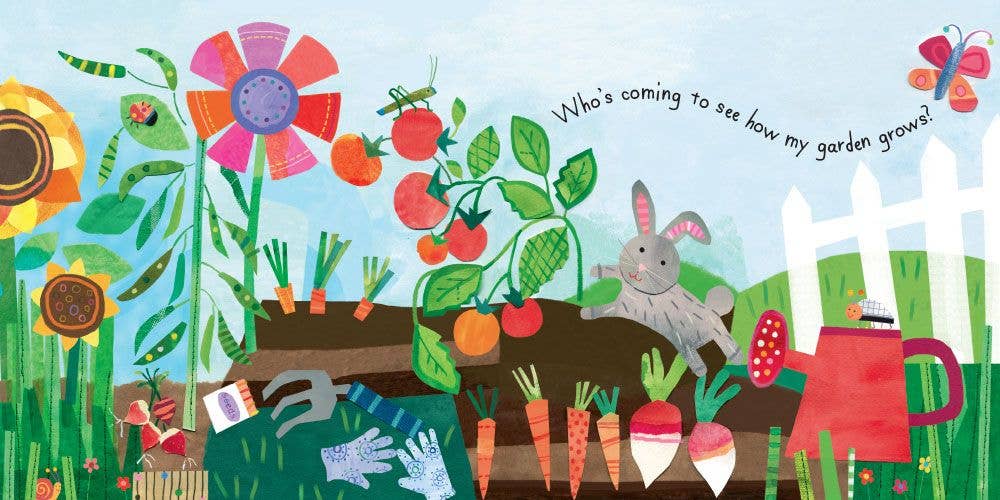 Illustration of a garden scene with plants, animals, and gardening tools.