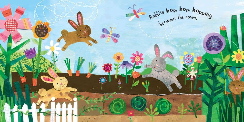 Illustration of bunnies and flowers in a garden with text 'Rabbits hop, hop, hopping between the rows'.