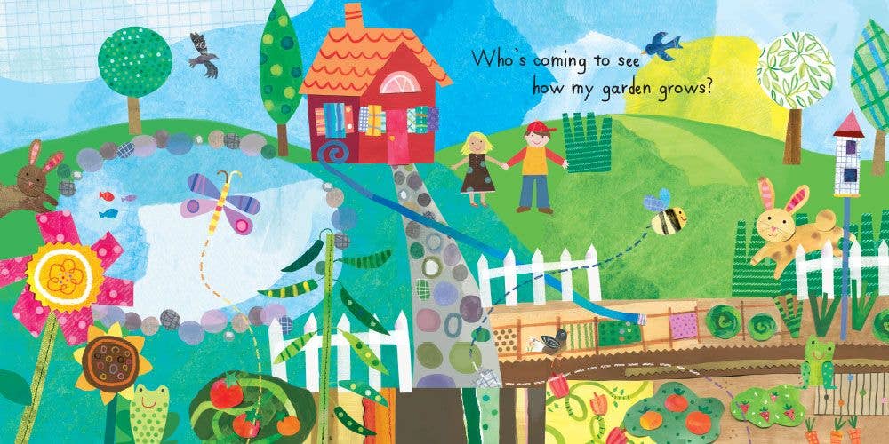 Colorful children's illustration of a garden scene with animals and people.