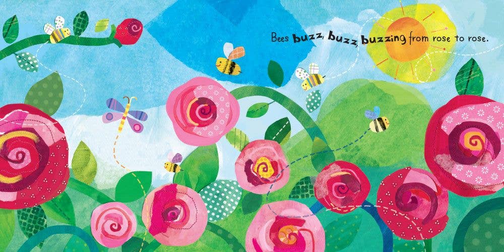 Colorful illustration of flowers and bees with text on a blue background