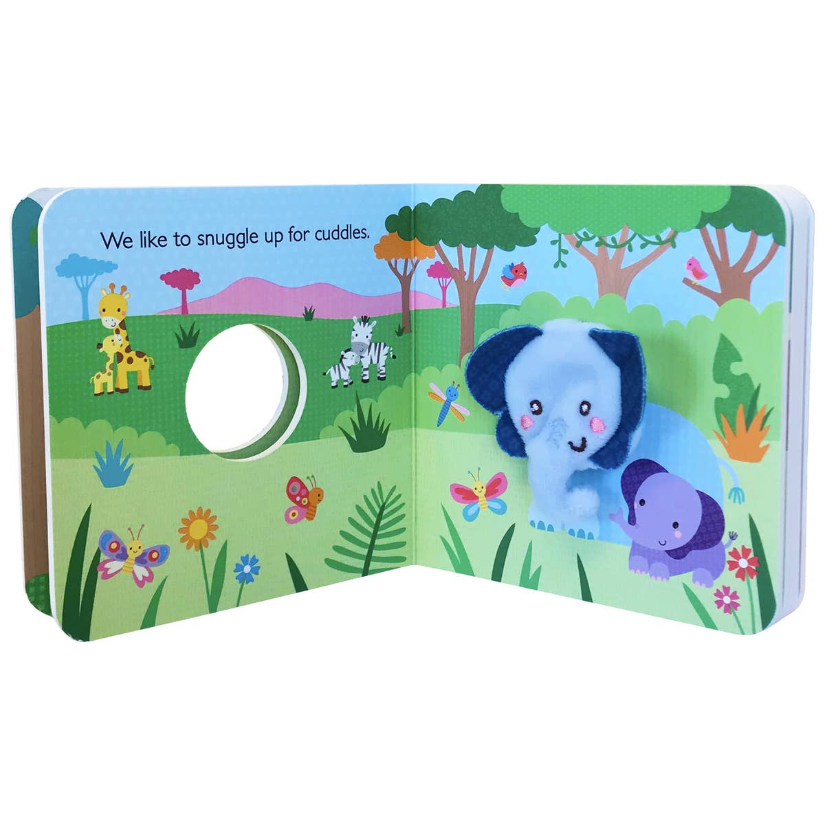 Children's board book with animal illustrations on a white background