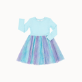 A girls' long-sleeve dress with a light blue knit top and a glittery tulle skirt in pastel blue, purple, and pink tones, shown on a plain white background.