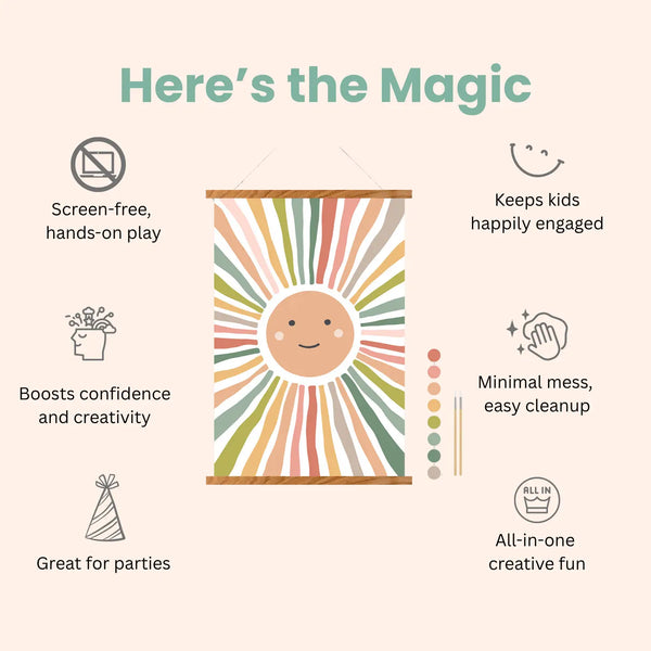 Sun-themed product with text highlighting its benefits on a light beige background