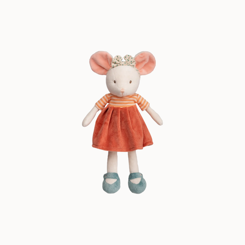 A plush mouse doll with pink ears, a white face, an orange and white striped shirt, a rust-orange skirt, and teal shoes, centered on a plain white background.