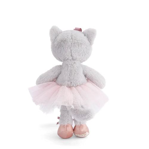 Plush toy cat with a pink tutu on a white background