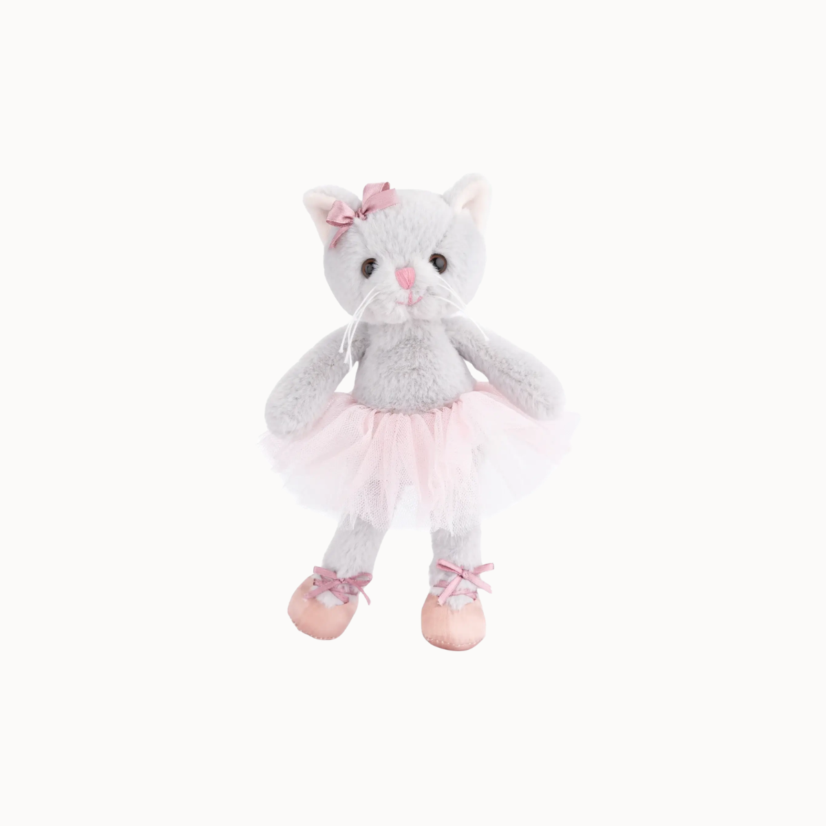 A plush toy cat dressed as a ballerina, featuring a light gray body, a pink tutu skirt, pink shoes, and a pink bow on its head, set against a plain off-white background.