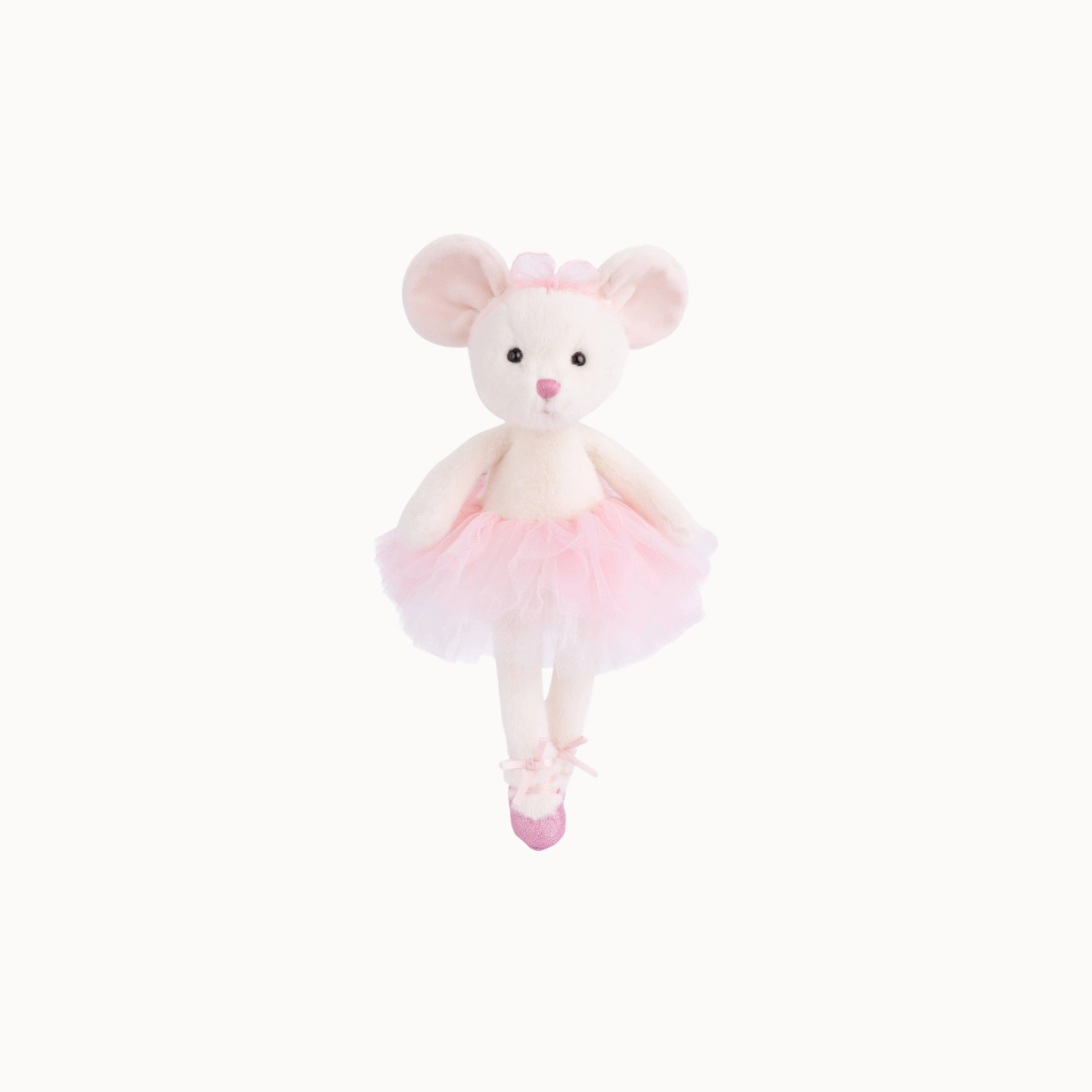 A plush mouse ballerina toy with a cream-colored body, pink tutu, pink bow, and pink shoes, centered on a solid white background.