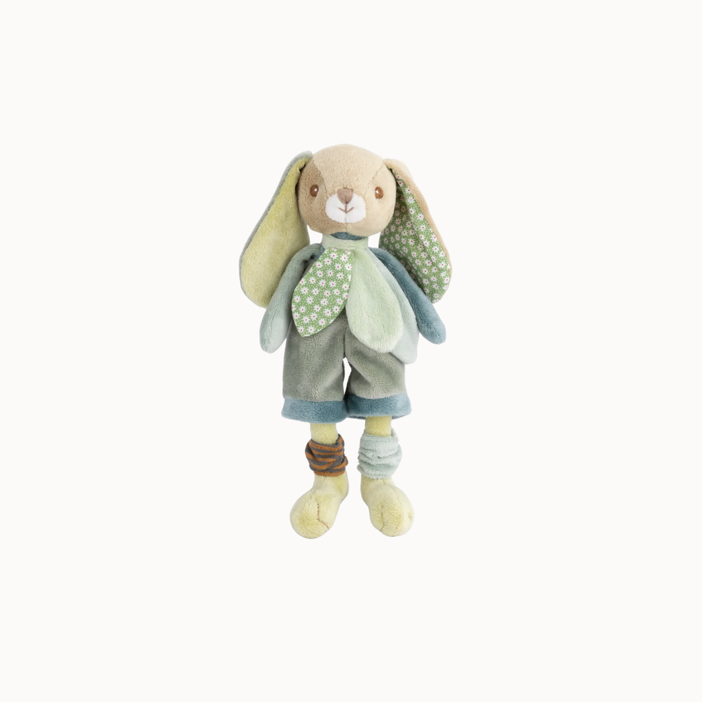 A plush bunny toy with long floppy ears, a beige face and inner ears, and a soft green-and-blue outfit with leaf-shaped accents, centered on a plain white background.