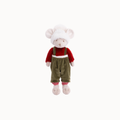 A plush mouse doll wearing a white fluffy hat, a red long-sleeve top, and olive green corduroy-style overalls, centered on a plain white background.