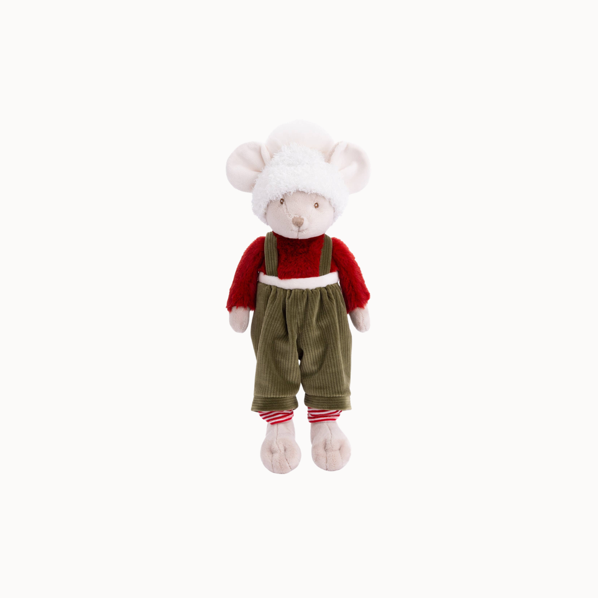 A plush mouse doll wearing a white fluffy hat, a red long-sleeve top, and olive green corduroy-style overalls, centered on a plain white background.