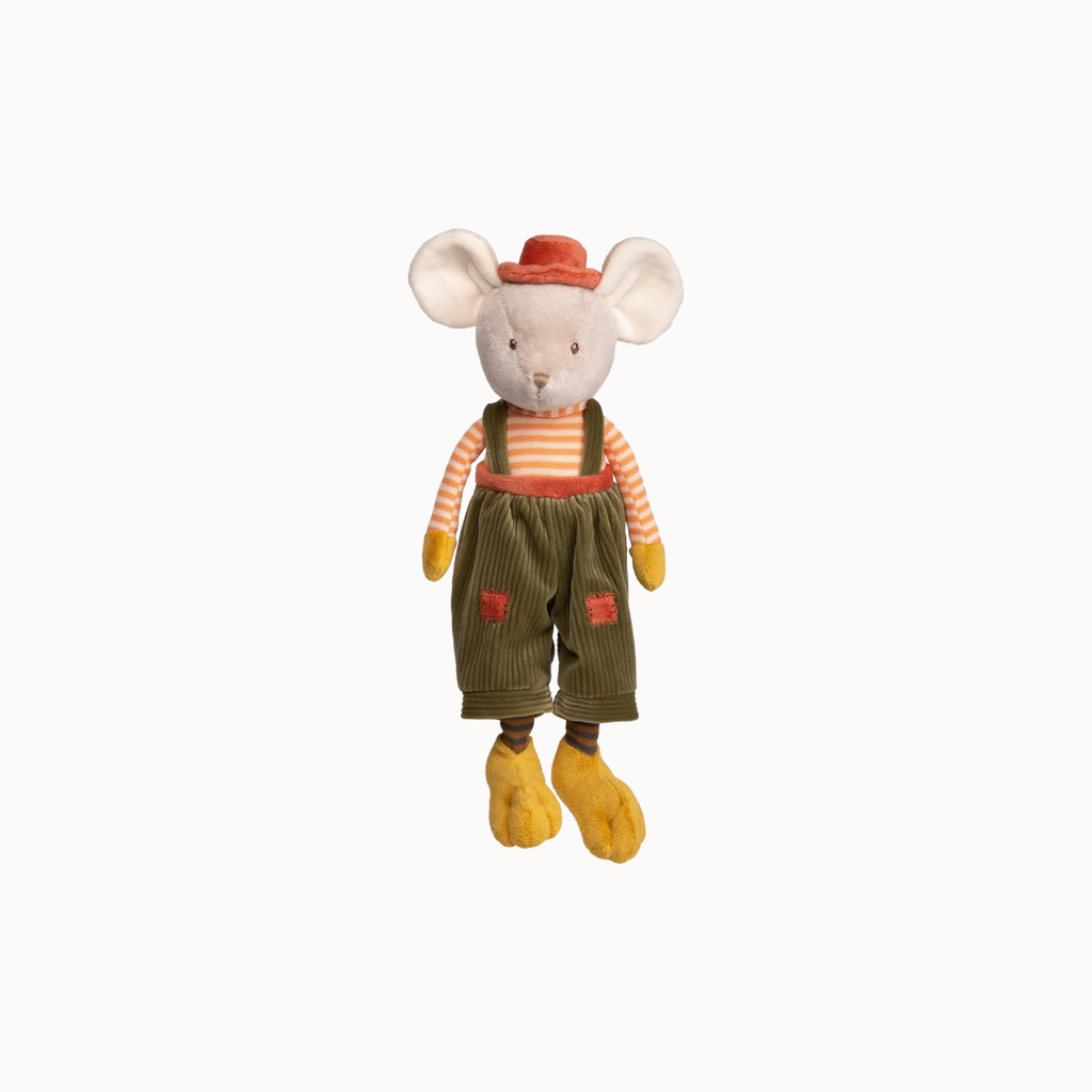 A plush mouse toy wearing an orange and white striped shirt, olive green corduroy-style overalls, a red hat, and yellow shoes, centered on a plain light background.