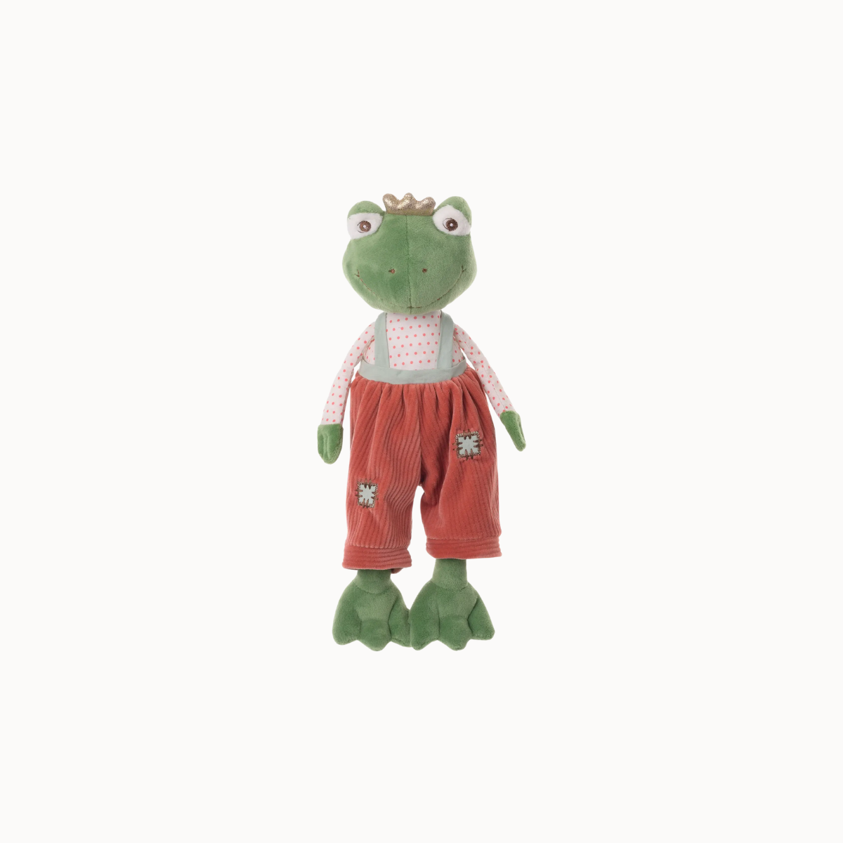 A plush frog toy wearing a small gold crown, a light pink patterned top, and rust-red corduroy-style overalls, centered on a plain white background.