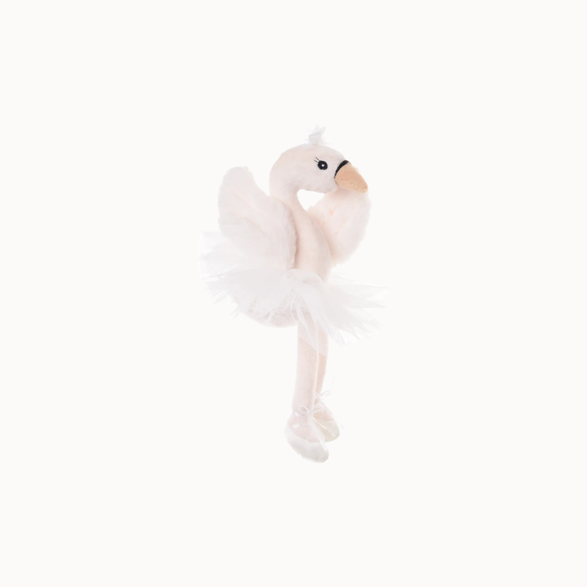 A plush ballet swan toy in soft off-white and pale pink, posed as if dancing with a fluffy tutu and small white pointe shoes, centered on a plain white background.