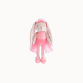 A pink plush bunny doll with long floppy ears, a pink bow, a pink tutu dress, and pink shoes, centered on a plain white background.