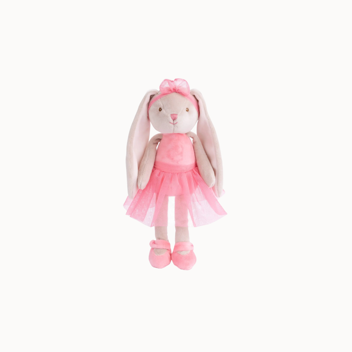 A pink plush bunny doll with long floppy ears, a pink bow, a pink tutu dress, and pink shoes, centered on a plain white background.