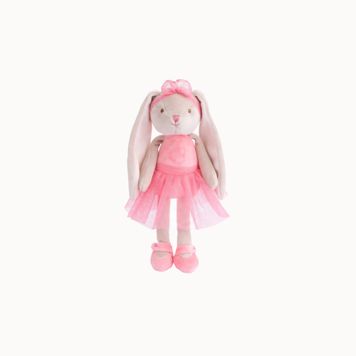 A pink plush bunny doll with long floppy ears, a pink bow, a pink tutu dress, and pink shoes, centered on a plain white background.