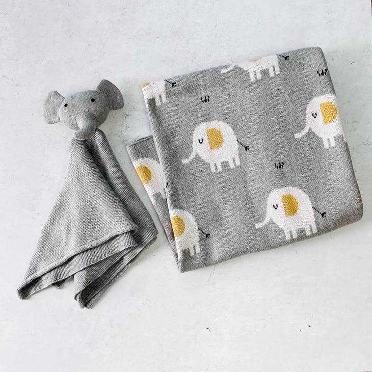 Elephant Jacquard Knit Baby Blanket & Lovey Gift SET