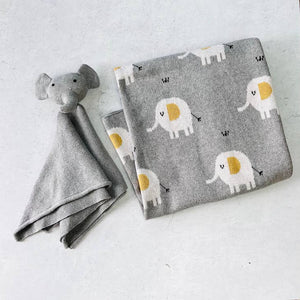 Elephant Jacquard Knit Baby Blanket & Lovey Gift SET