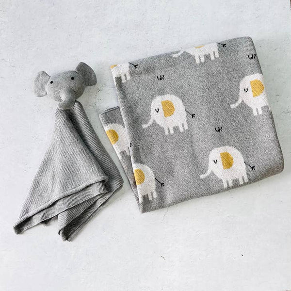 Elephant Jacquard Knit Baby Blanket & Lovey Gift SET