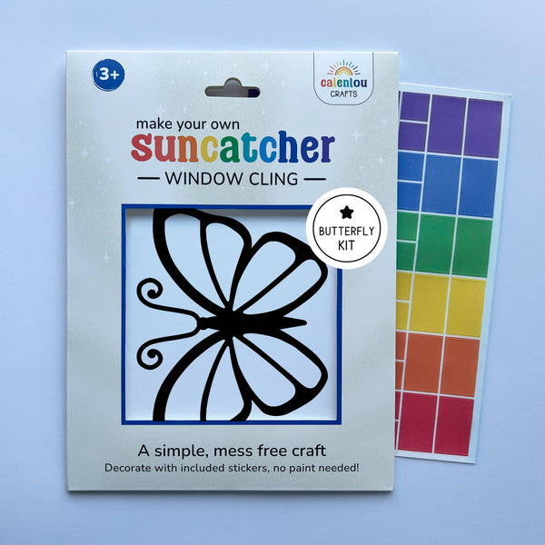 Calenlou Crafts butterfly suncatcher window cling kit on a blue background