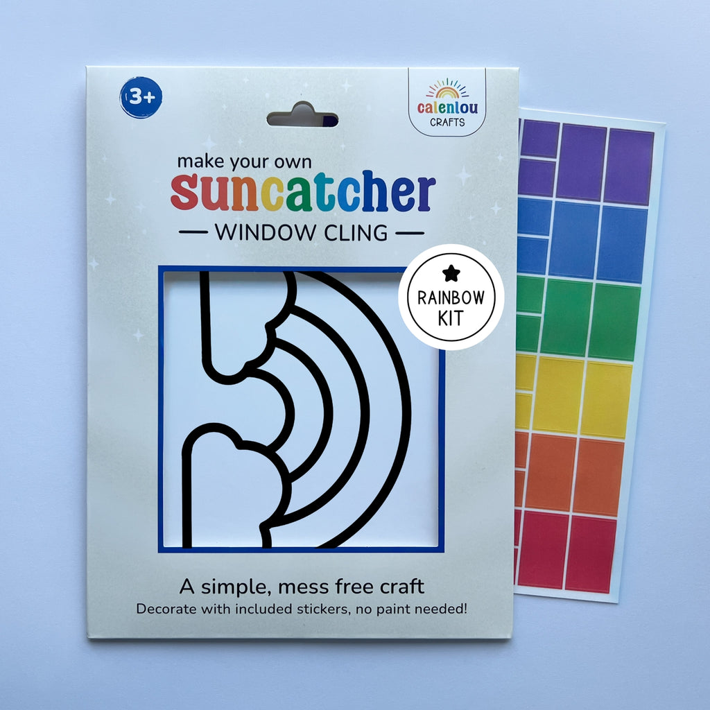 Calenlou Crafts suncatcher window cling kit with color swatch on a light blue background