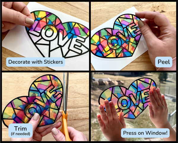 Step-by-step process of decorating a colorful 'LOVE' sticker with stickers, peeling, trimming, and pressing on a window.