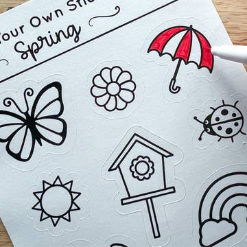 Sheet of spring-themed stickers with a red umbrella, butterfly, flower, birdhouse, ladybug, sun, and rainbow on a white background.
