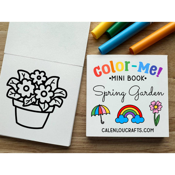 Color-Me! Mini Book for Spring Garden with markers on a wooden surface