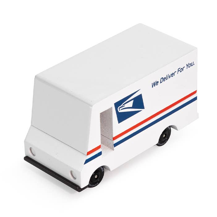 Model of a mail truck with USPS logo on a white background