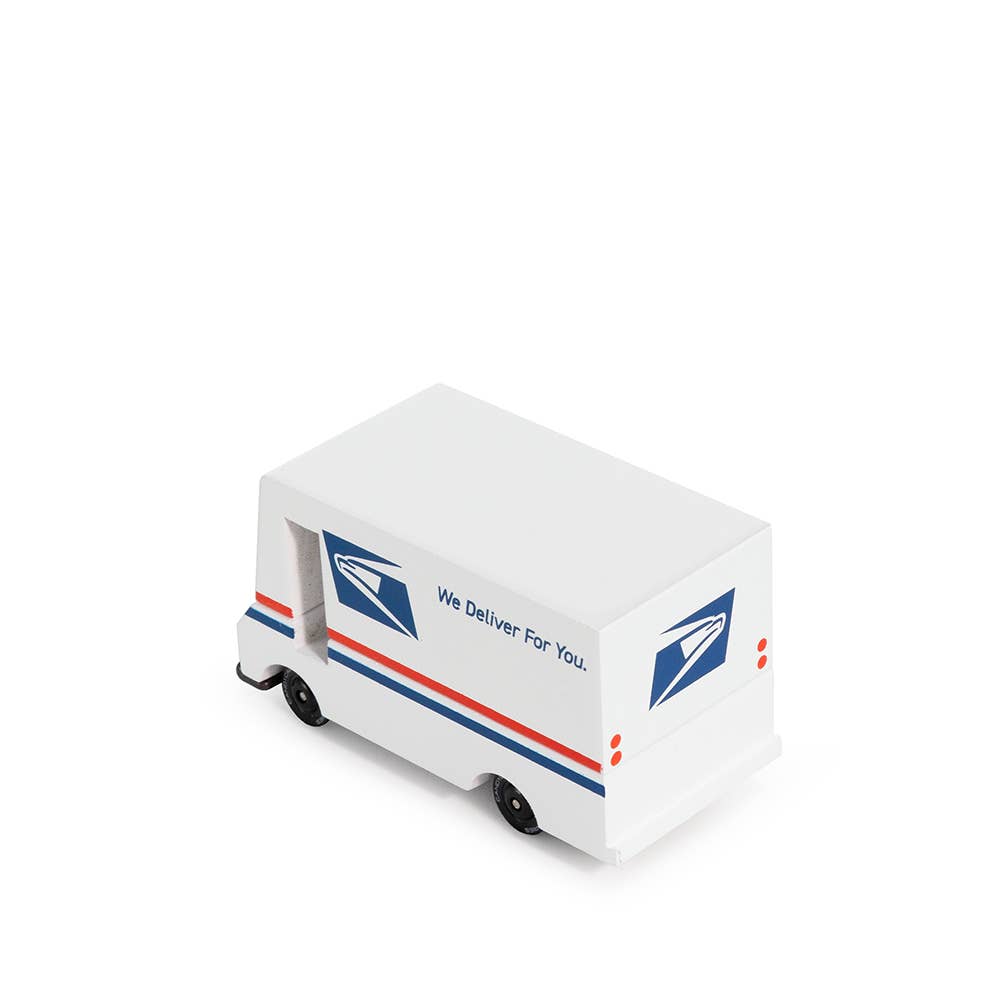 Model of a postal delivery truck with USPS logo on a white background