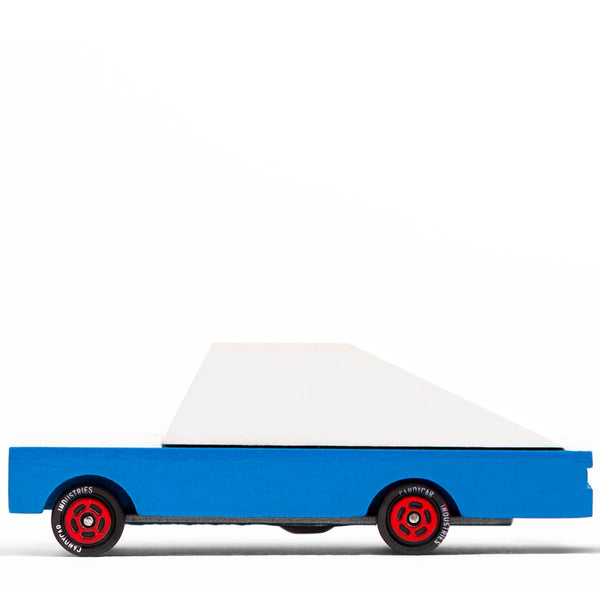 Model of a blue car with a white roof on a white background