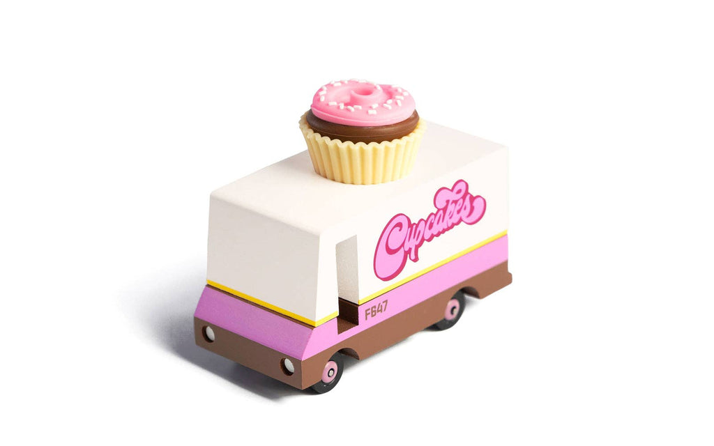 Toy truck with a cupcake on top, labeled 'Cupcakes', on a white background