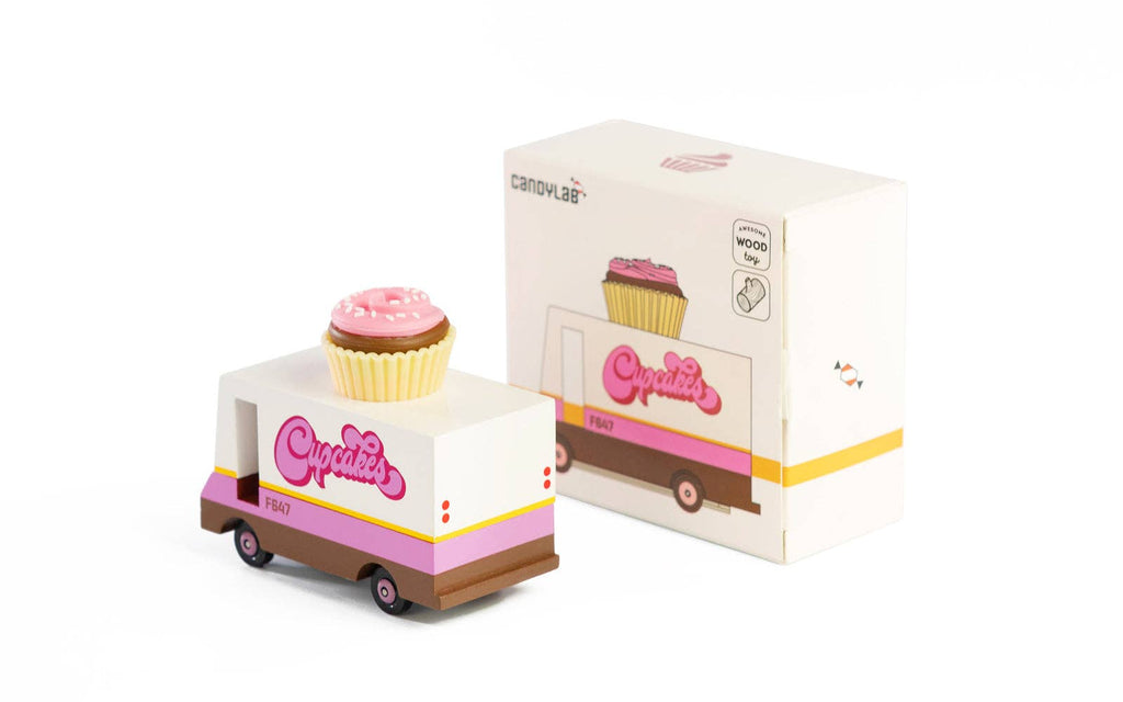 Cupcake truck toy with a pink cupcake on top and matching packaging box on a white background
