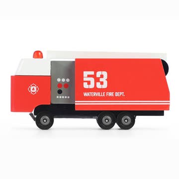Toy fire truck model with 'Waterville Fire Dept.' branding on a white background