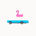 A stylized toy car with a pink inflatable flamingo float on top, shown in side profile against a plain light background.