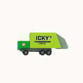 A wooden toy garbage truck with a bright green body, dark green cab, black wheels, and 'ICKY'S' printed on the side, shown against a plain white background.