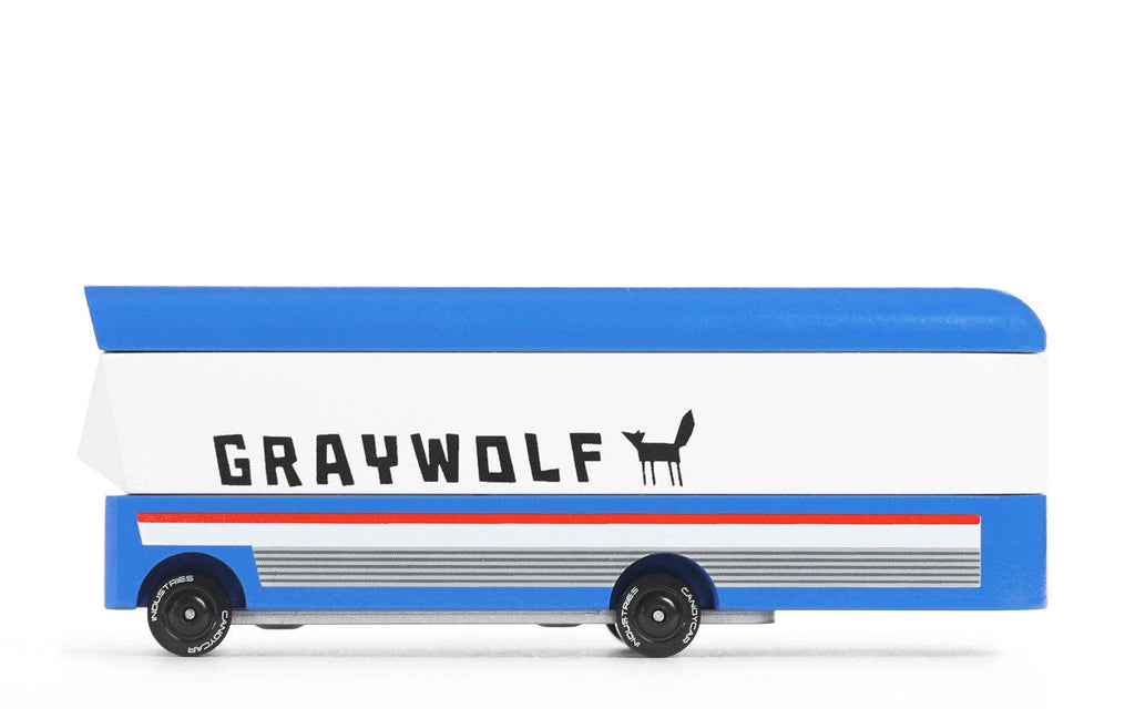 Toy graywolf bus with blue and white coloring on a white background