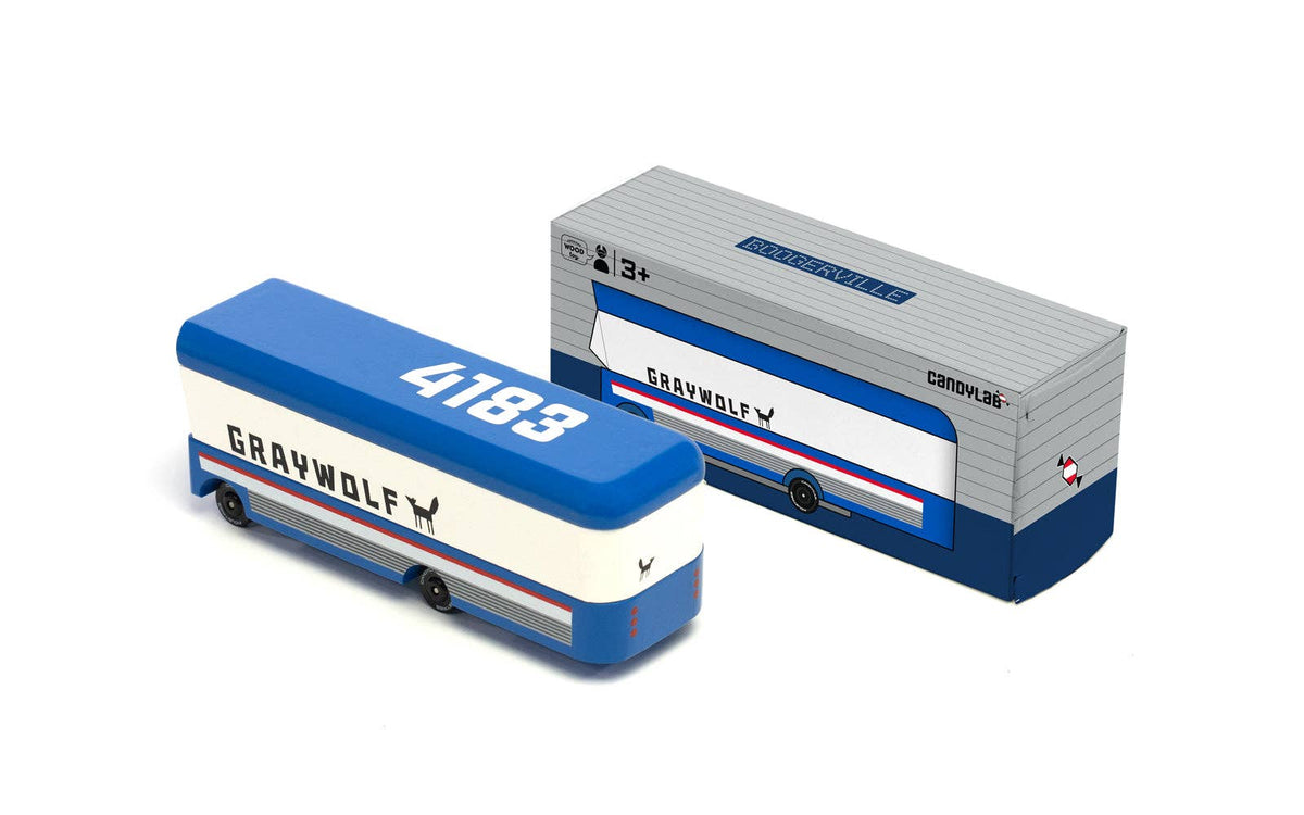 Toy graywolf bus with blue and white coloring on a white background