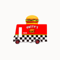 A novelty toy food truck featuring a red body with a black-and-white checkered lower section, 'PATTY'S' and 'F928' printed on the side, and a small hamburger figure mounted on top, shown on a plain light background.