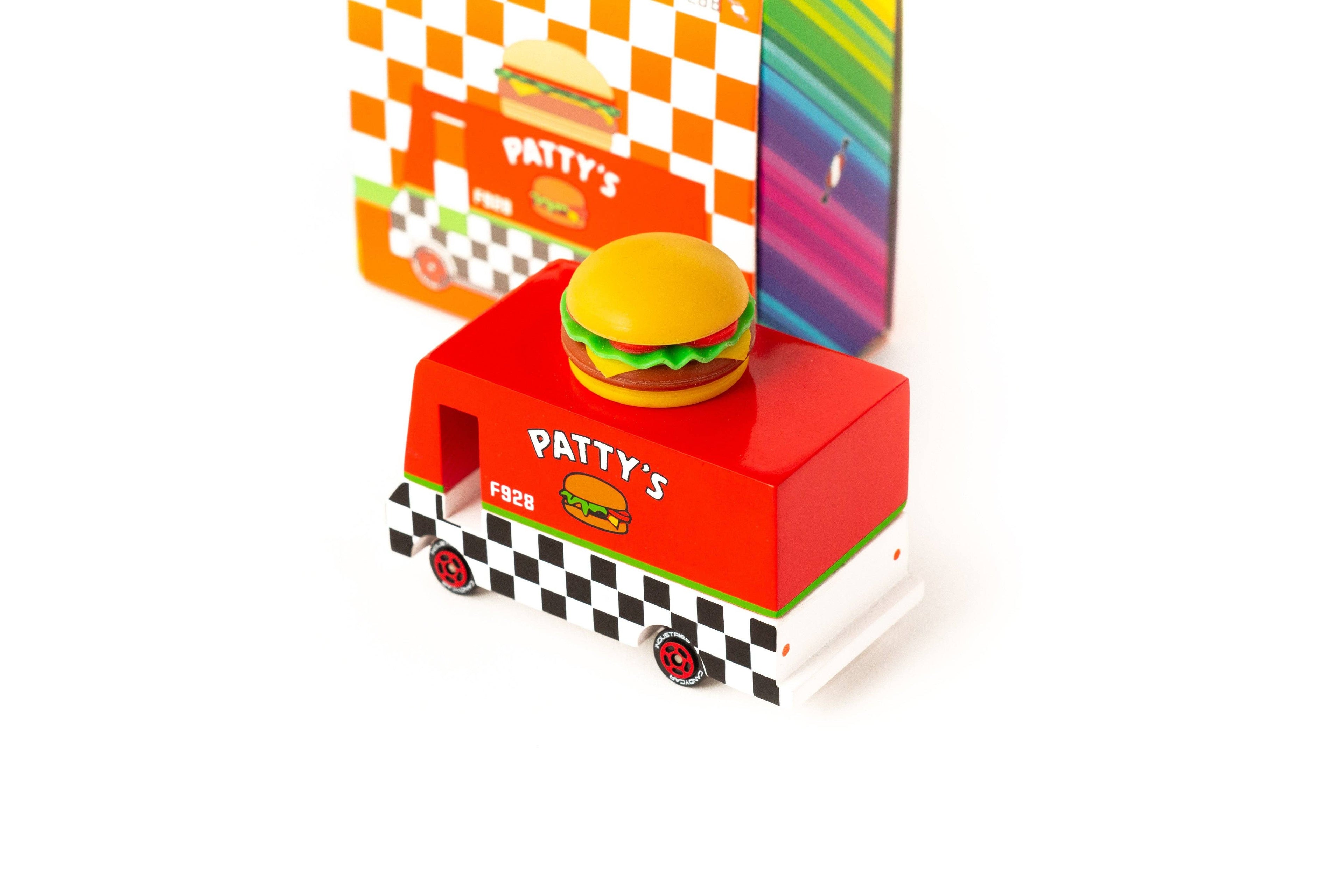 Model of a food truck with a hamburger on top, branded 'Patty's', against a white background.