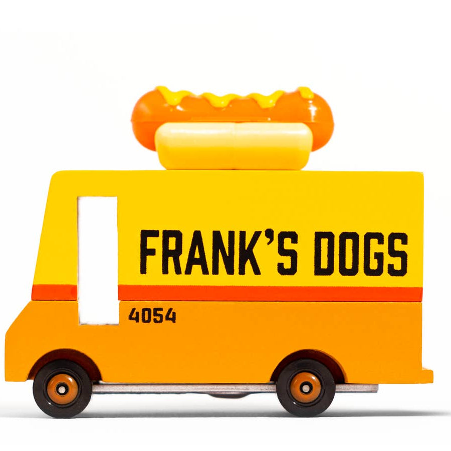 Toy truck with 'Frank's Dogs' branding on a white background