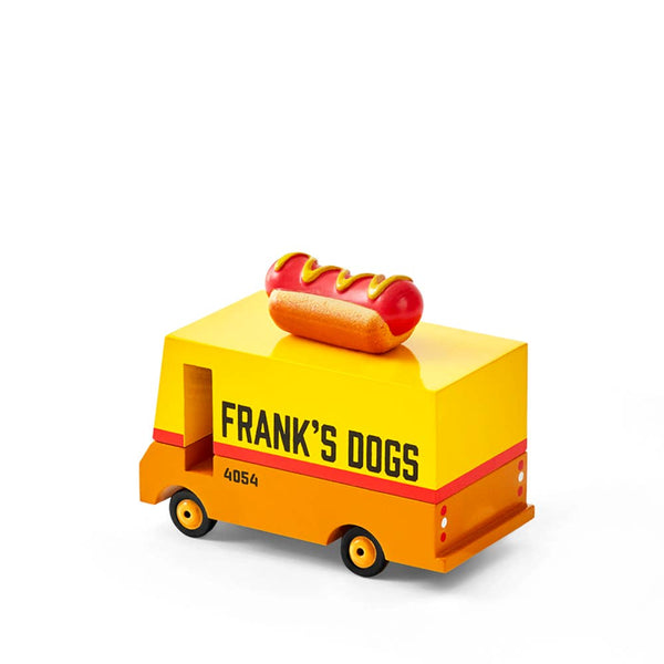 Toy hot dog cart with a hot dog on top, branded 'Frank's Dogs', on a white background