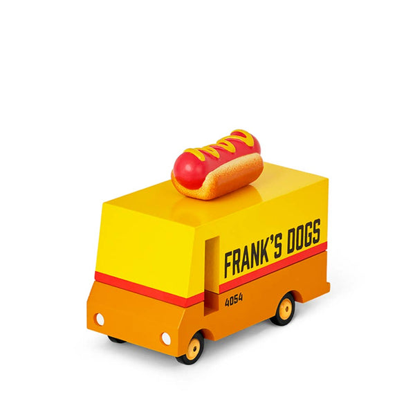 Toy hot dog truck with a hot dog on top, branded 'Frank's Dogs', on a white background