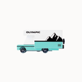 A stylized side-view illustration of a retro camper truck with a turquoise body, white camper shell, black mountain graphic, and the word OLYMPIC on the shell, shown on a plain light gray background.