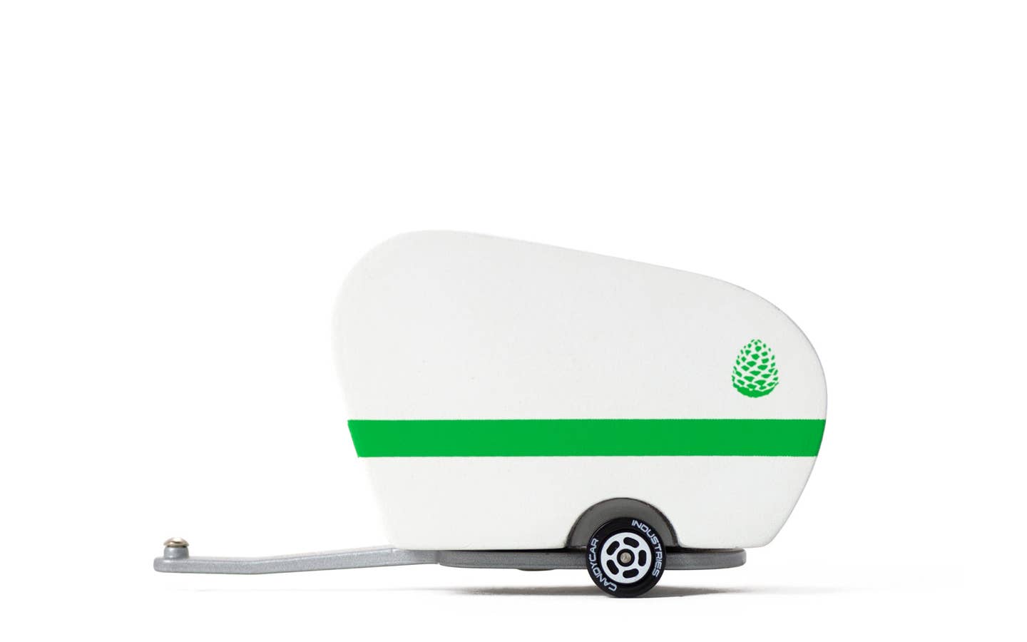 White and green trailer with a small pine cone logo on a white background