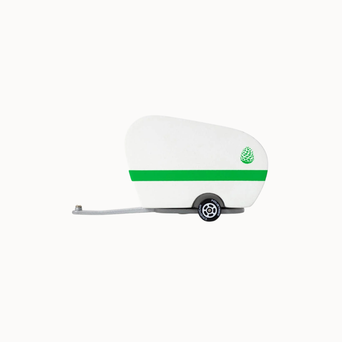 A miniature white toy trailer with a green horizontal stripe, a green pinecone logo on the rear, and a gray towing tongue, shown against a plain white background.