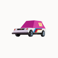 A retro-style toy car with a white body, a bright pink roof, and colorful side stripes in blue, yellow, and red. The number 62 is printed in yellow on the roof.