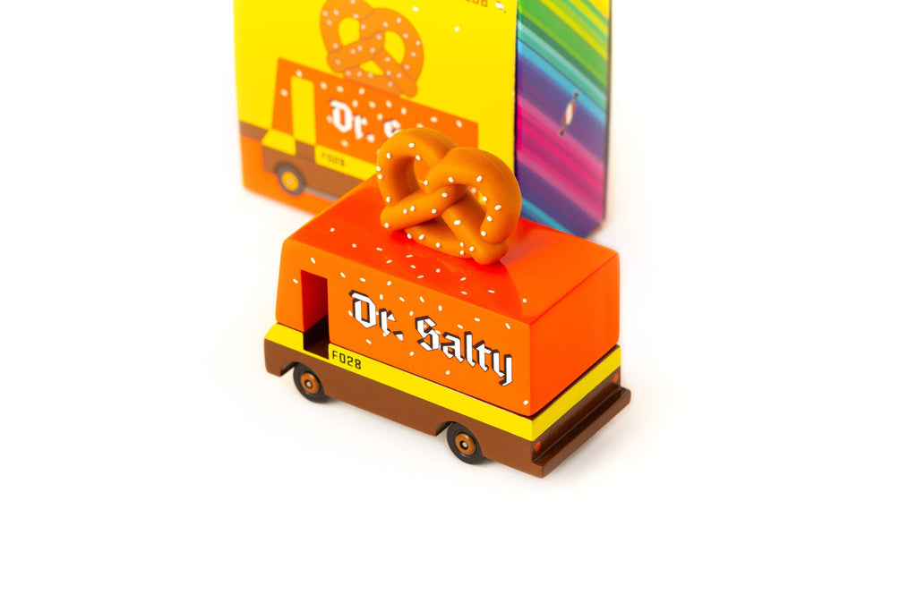 Toy pretzel themed van with pretzel on top with 'dr. salty' label on side on white background.