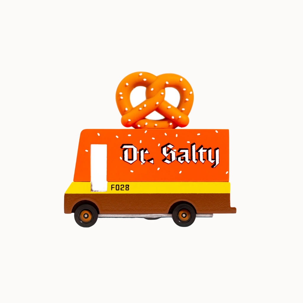 Toy pretzel themed van with pretzel on top with 'dr. salty' label on side on white background.