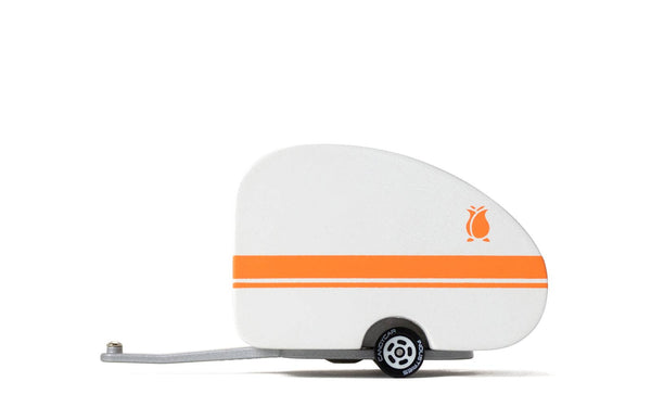 White and orange trailer with a small logo on a white background